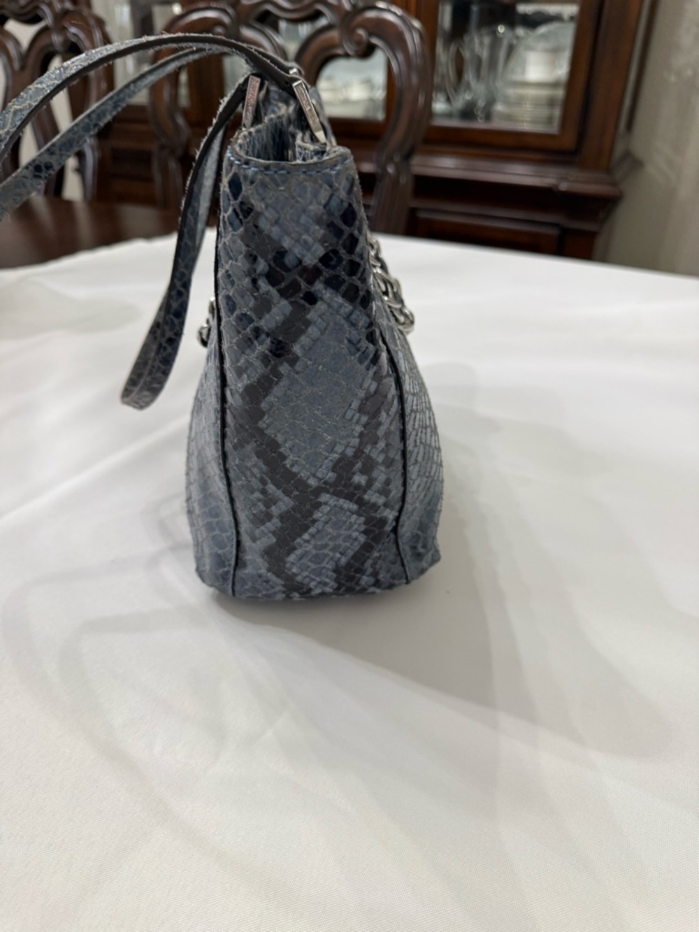 Michael Kors Gray-Blue Snake-Print Tote with Chain Handles - Picture 4 of 6